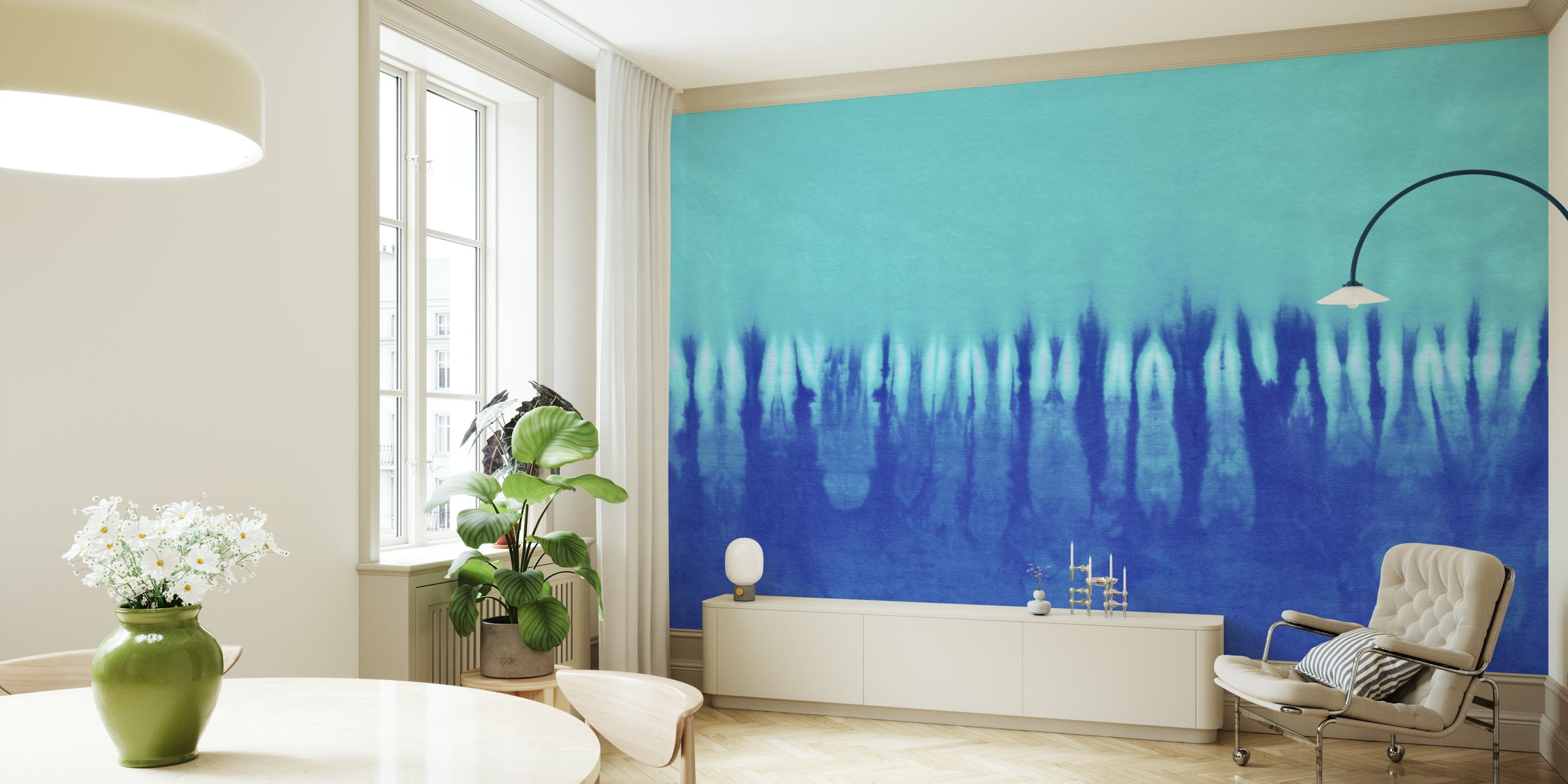 Blue tie dye wallpaper in a room